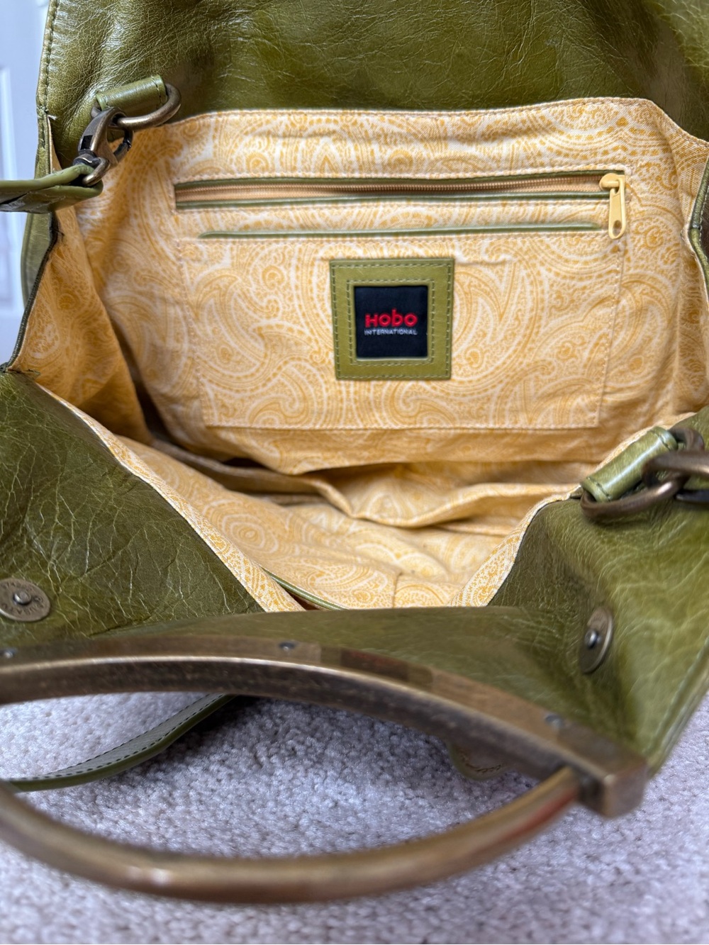 HOBO Olive Green Leather Bag with Brass Top Handle - Picture 12 of 14